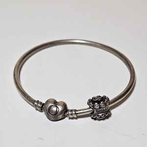 Pandora Heart Clasp Bangle Bracelet W Happy Birthday Cake charm Retired 791289 s